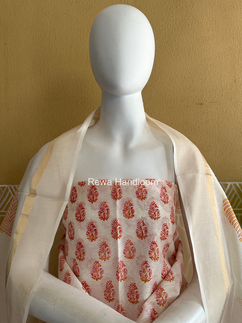 Maheshwari White Handblock Print Top-Dupatta HBS0179