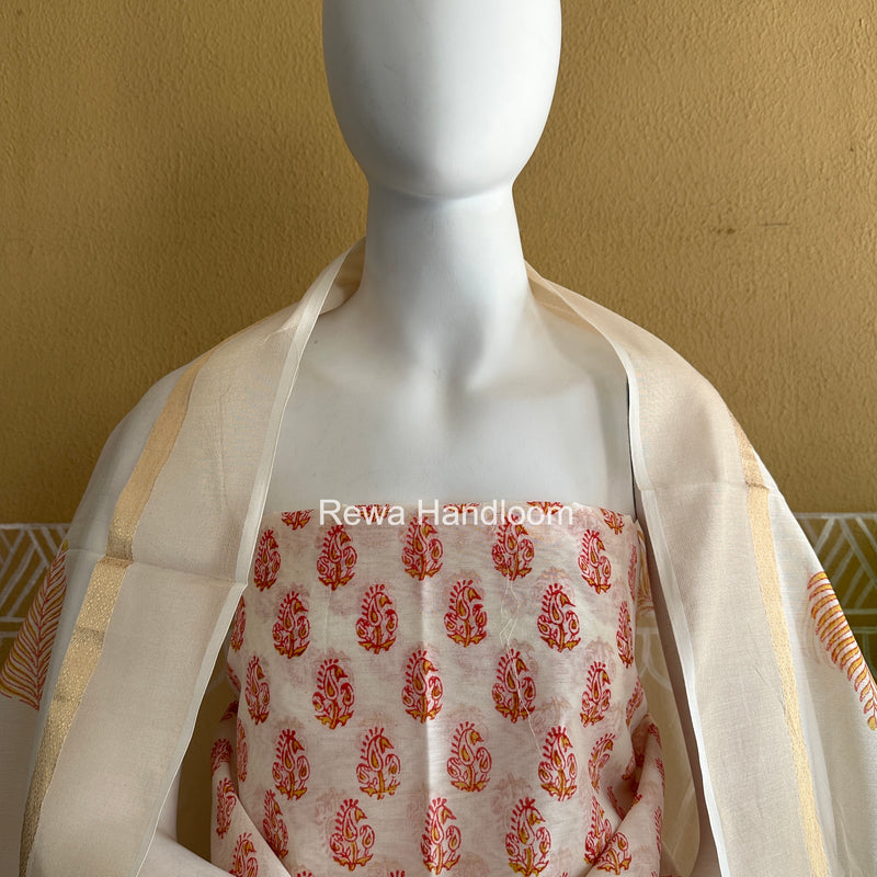 Maheshwari White Handblock Print Top-Dupatta HBS0179