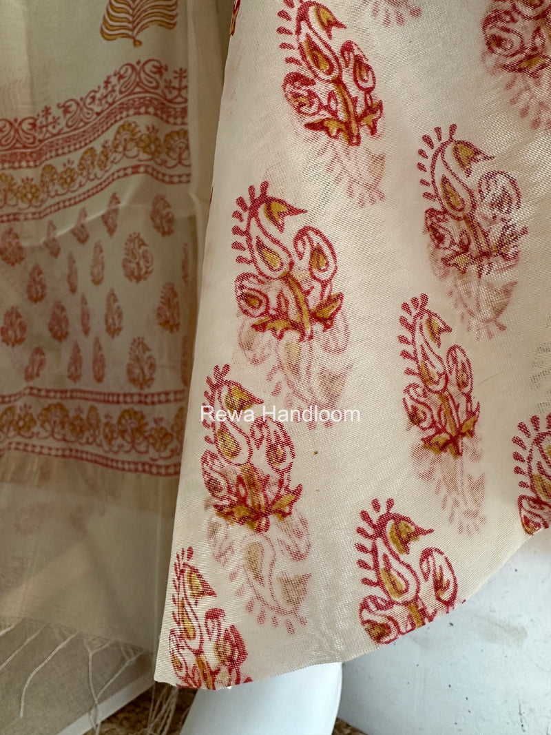 Maheshwari White Handblock Print Top-Dupatta HBS0179