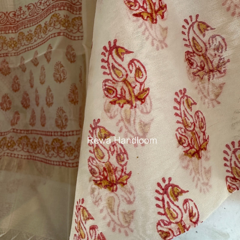 Maheshwari White Handblock Print Top-Dupatta HBS0179