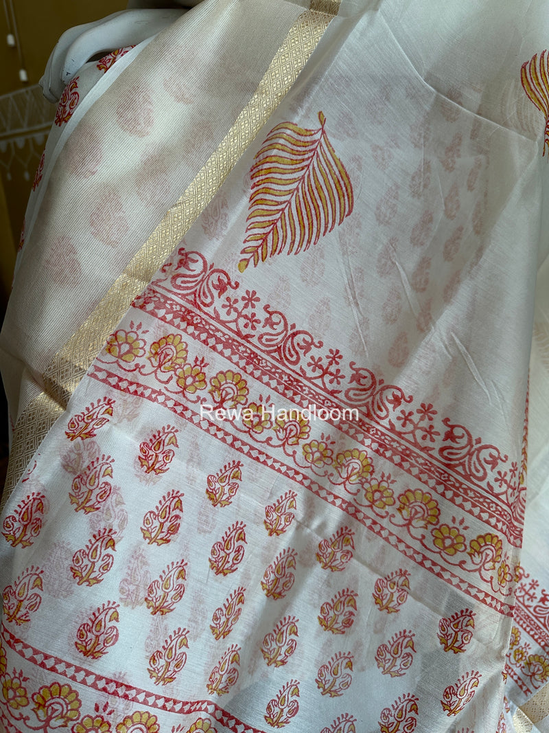 Maheshwari White Handblock Print Top-Dupatta HBS0179