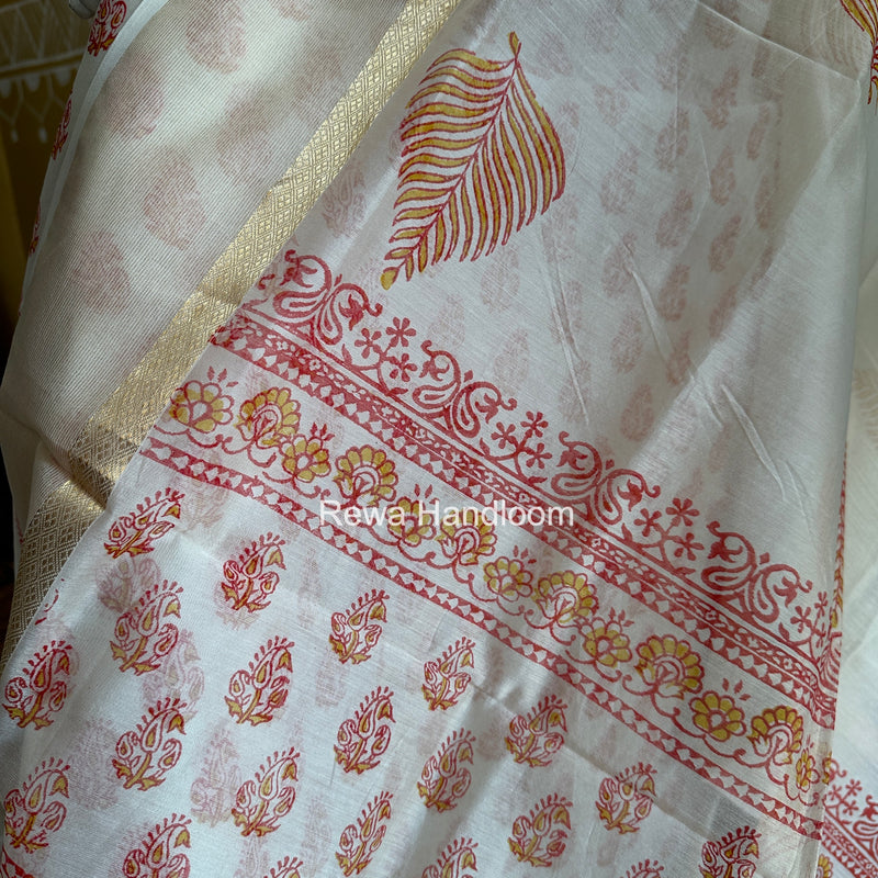 Maheshwari White Handblock Print Top-Dupatta HBS0179