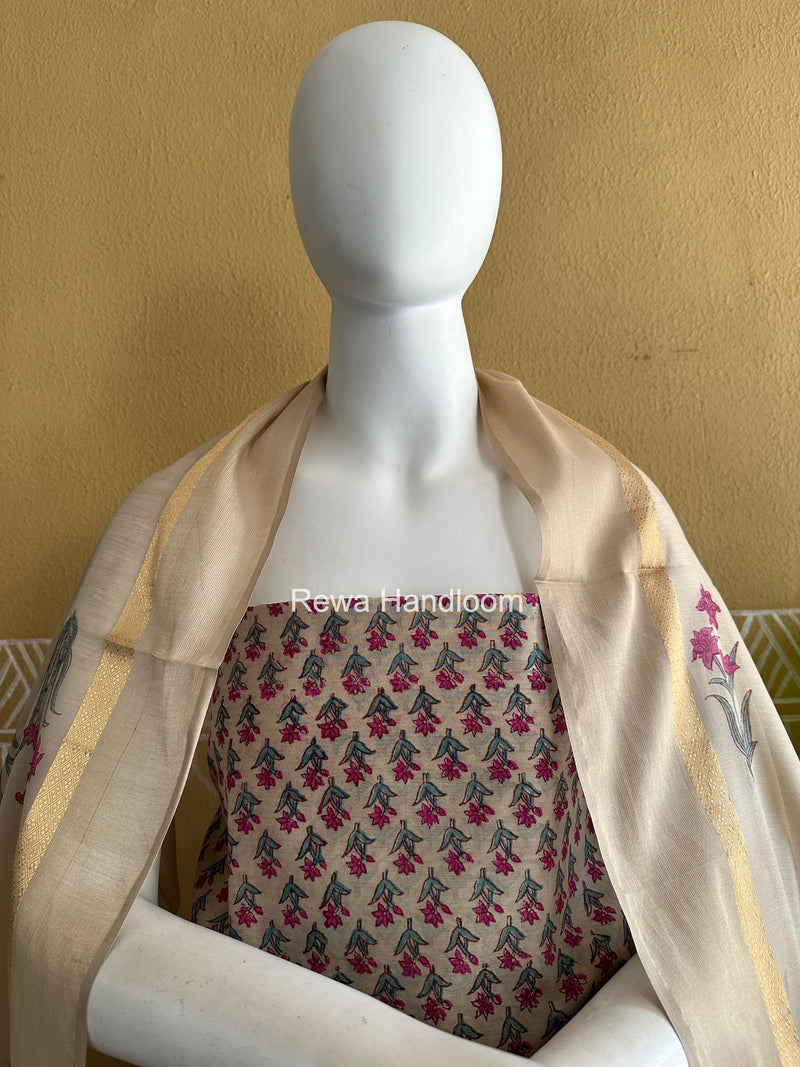 Maheshwari Beige Handblock Print Top-Dupatta HBS0204