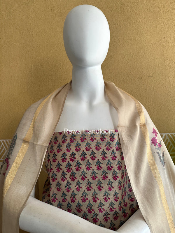 Maheshwari Beige Handblock Print Top-Dupatta HBS0204