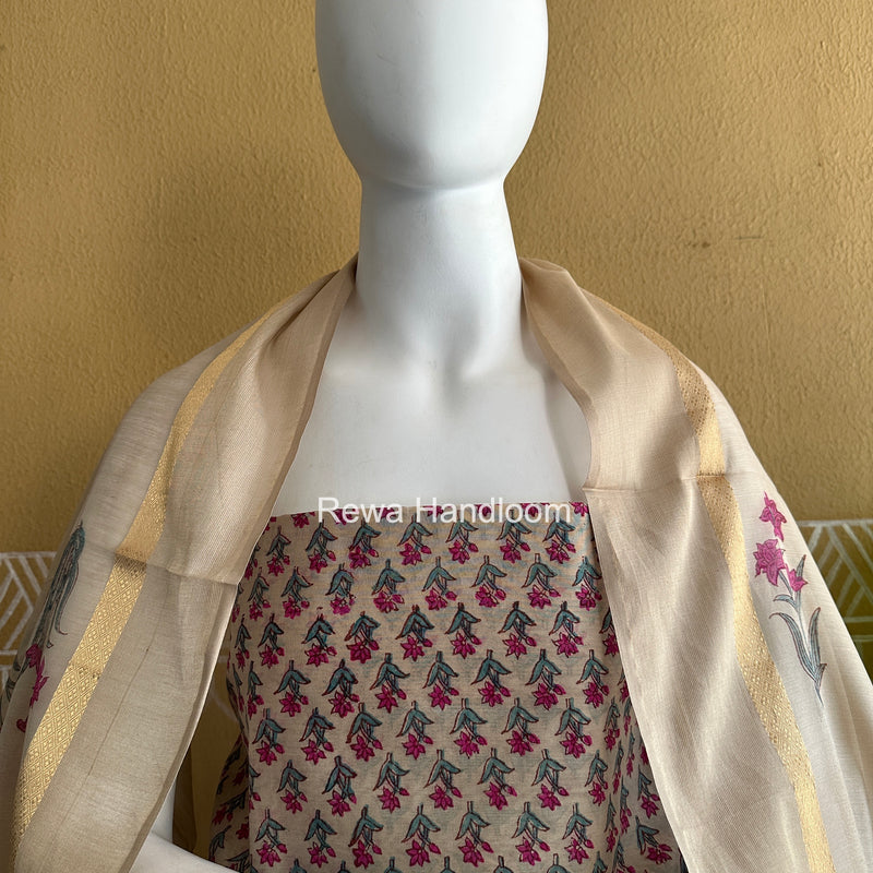 Maheshwari Beige Handblock Print Top-Dupatta HBS0204