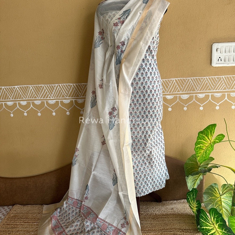 Maheshwari Handblock Print Top-Dupatta