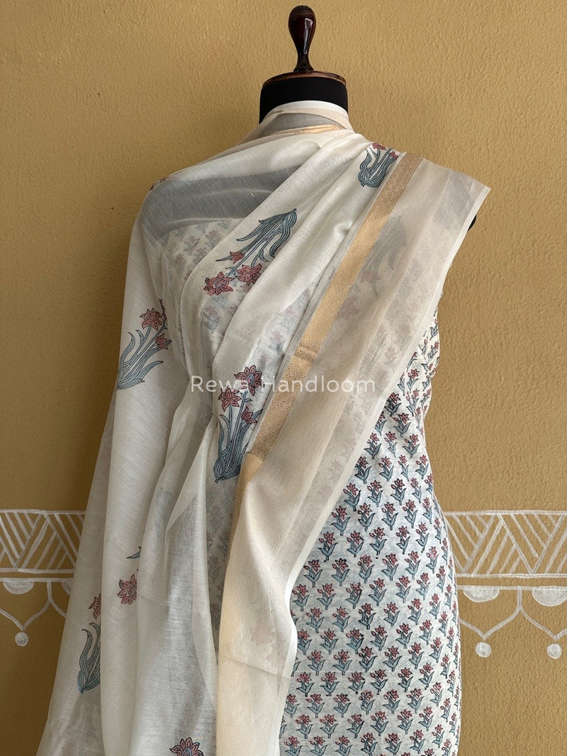 Maheshwari Grey-White Handblock Print Top-Dupatta HBS0118