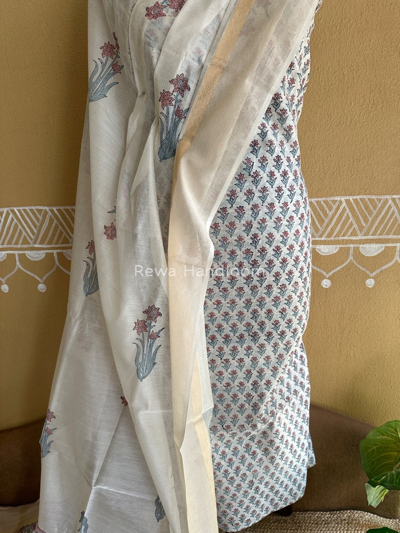 Maheshwari Grey-White Handblock Print Top-Dupatta HBS0118