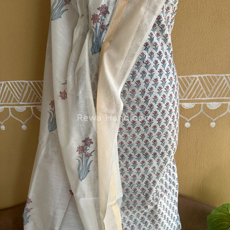 Maheshwari Grey-White Handblock Print Top-Dupatta HBS0118