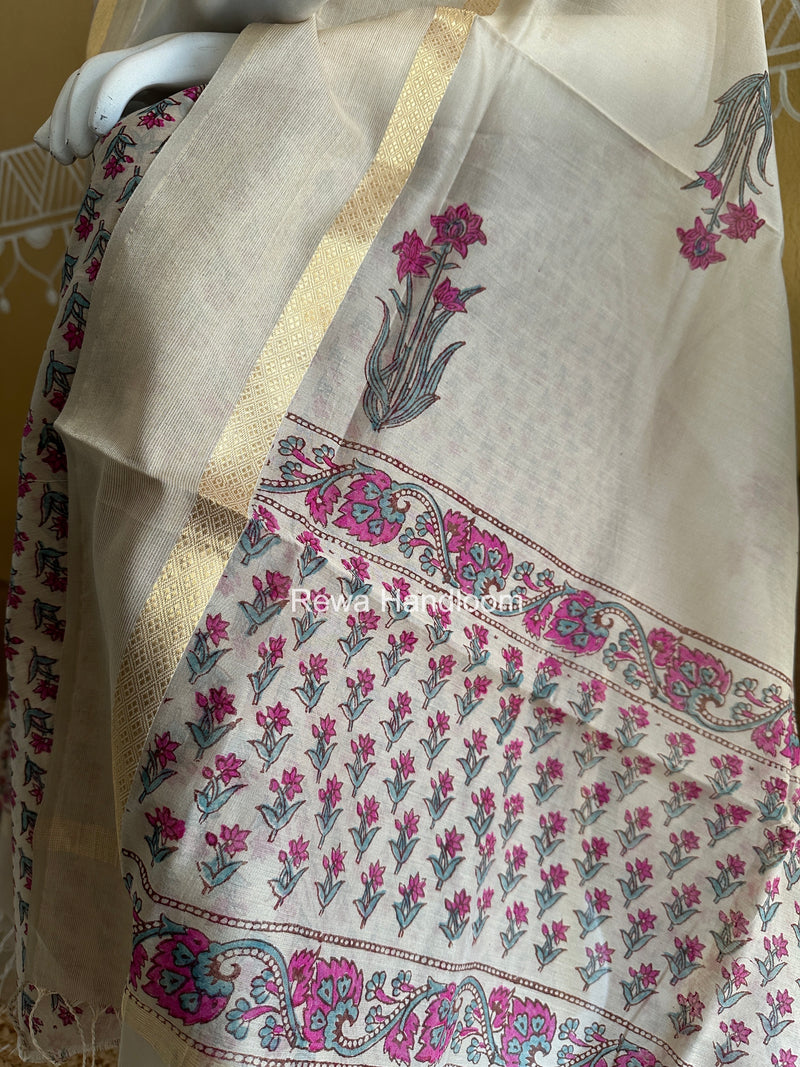 Maheshwari Beige Handblock Print Top-Dupatta HBS0204