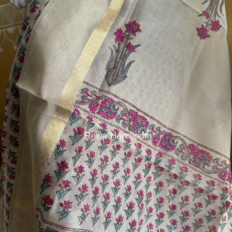 Maheshwari Beige Handblock Print Top-Dupatta HBS0204
