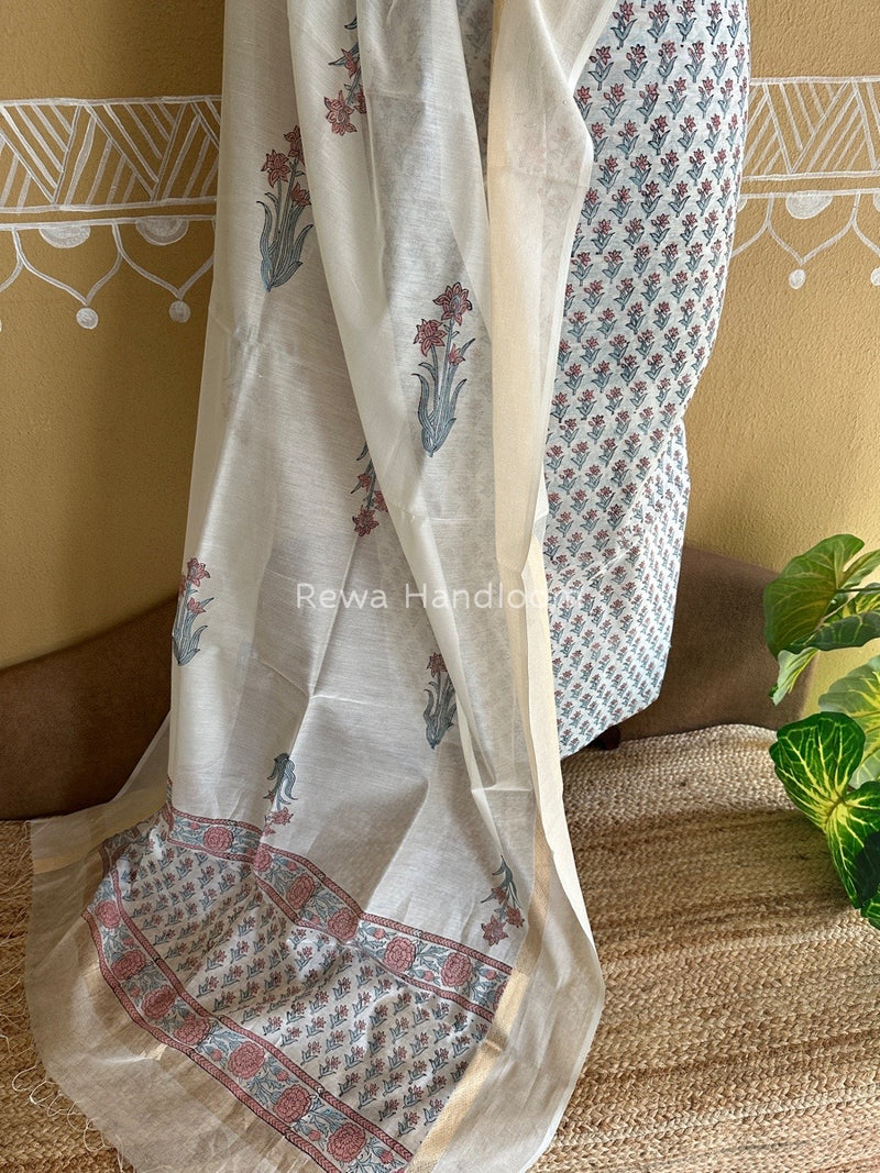 Maheshwari Grey-White Handblock Print Top-Dupatta HBS0118