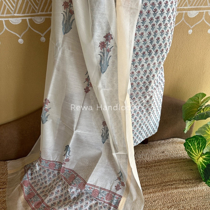 Maheshwari Grey-White Handblock Print Top-Dupatta HBS0118