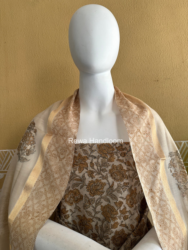 Maheshwari Beige Handblock Print Top-Dupatta HBS0209