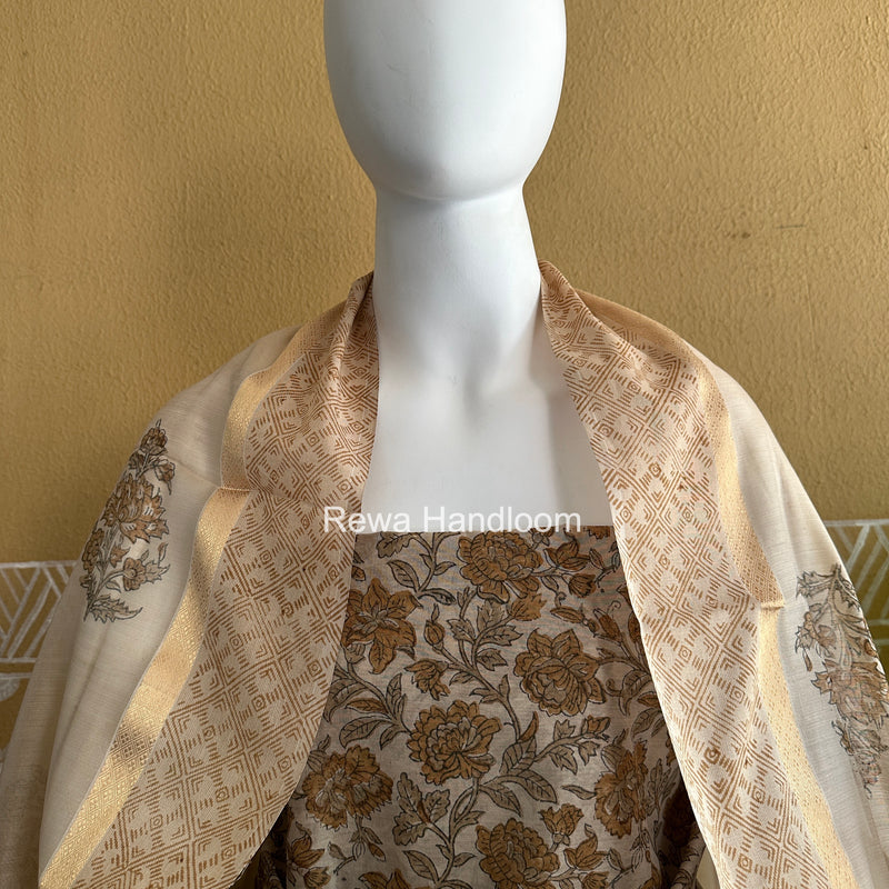 Maheshwari Beige Handblock Print Top-Dupatta HBS0209