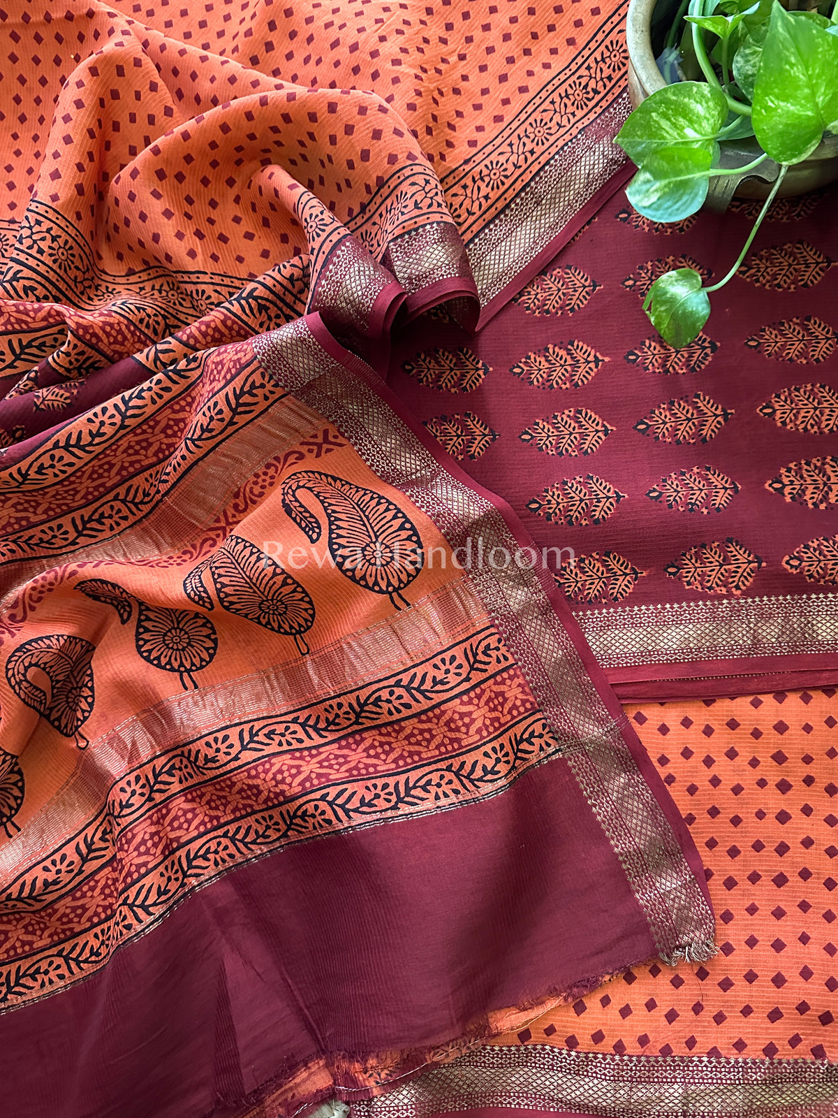 Maheshwari Red-Orange Bagh Print Suit- BSP11