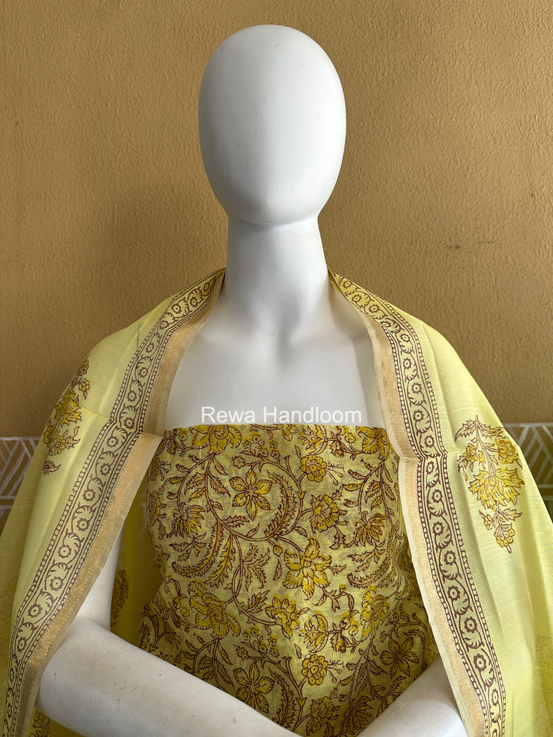 Maheshwari Yellow Handblock Print Top-Dupatta HBS0215