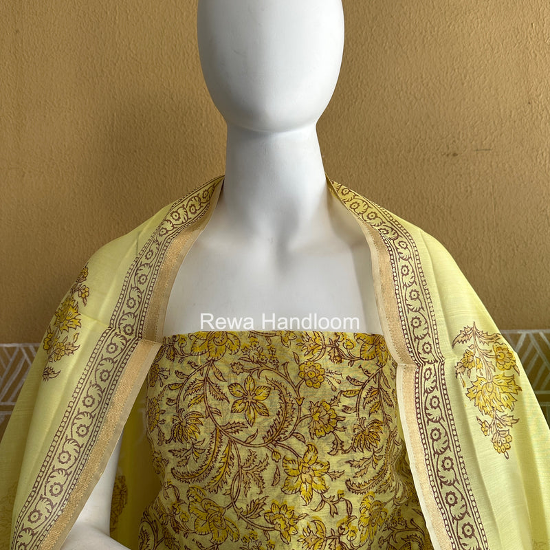 Maheshwari Yellow Handblock Print Top-Dupatta HBS0215