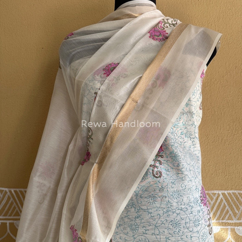 Maheshwari White Handblock Print Top-Dupatta HBS0120