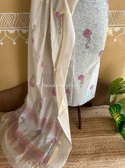 Maheshwari White Handblock Print Top-Dupatta HBS0120