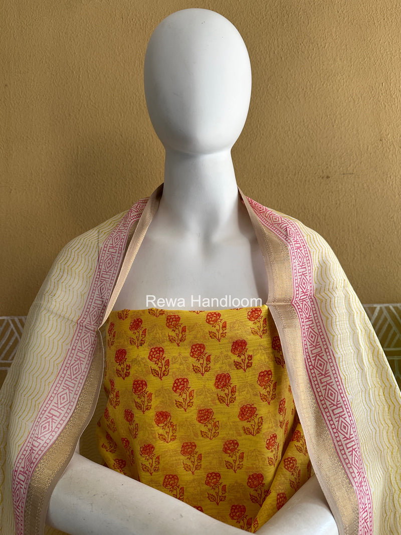 Maheshwari Yellow Handblock Print Top-Dupatta HBS0219