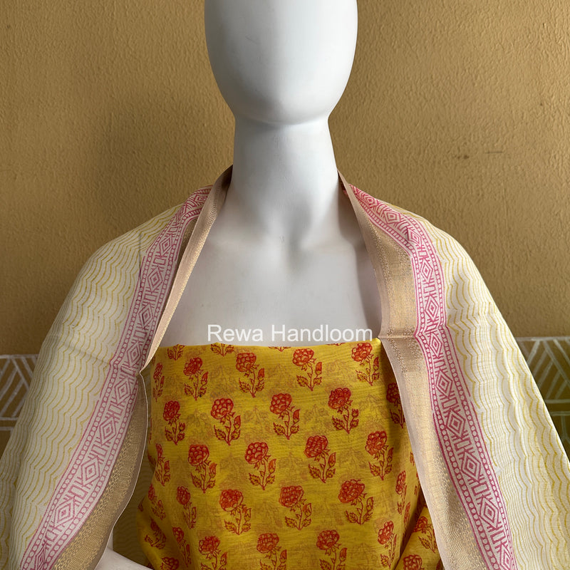 Maheshwari Yellow Handblock Print Top-Dupatta HBS0219