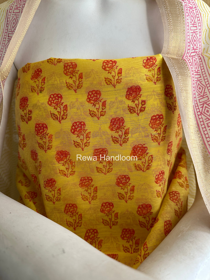 Maheshwari Yellow Handblock Print Top-Dupatta HBS0219