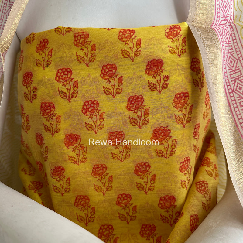 Maheshwari Yellow Handblock Print Top-Dupatta HBS0219