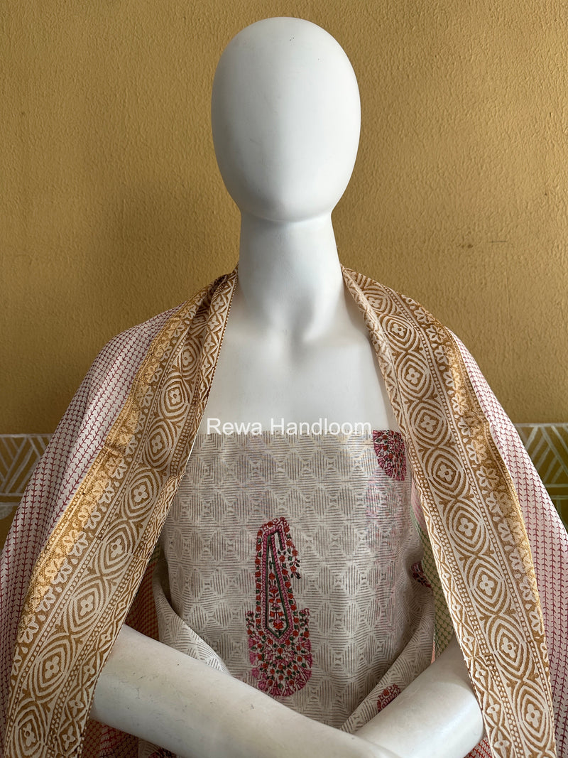 Maheshwari White Handblock Print Top-Dupatta HBS0161