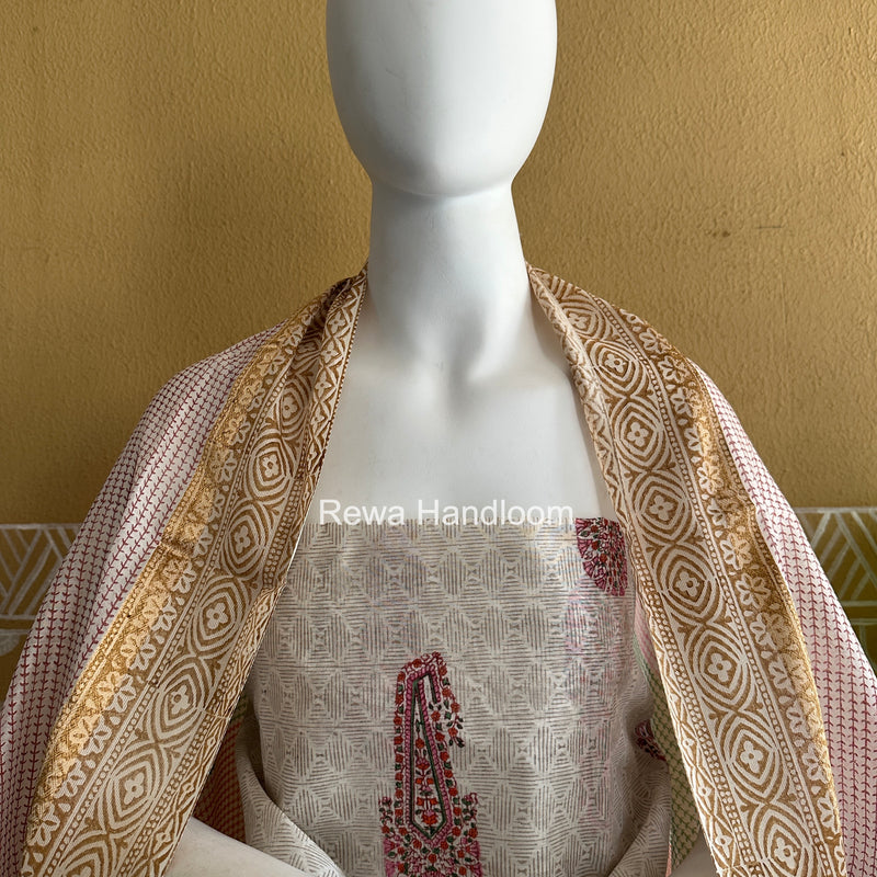 Maheshwari White Handblock Print Top-Dupatta HBS0161