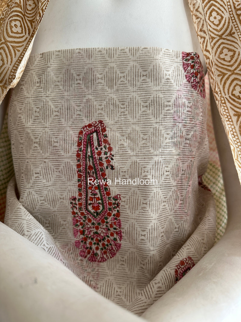 Maheshwari White Handblock Print Top-Dupatta HBS0161