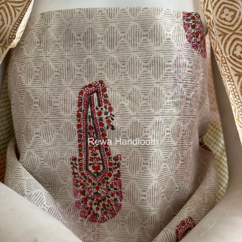 Maheshwari White Handblock Print Top-Dupatta HBS0161