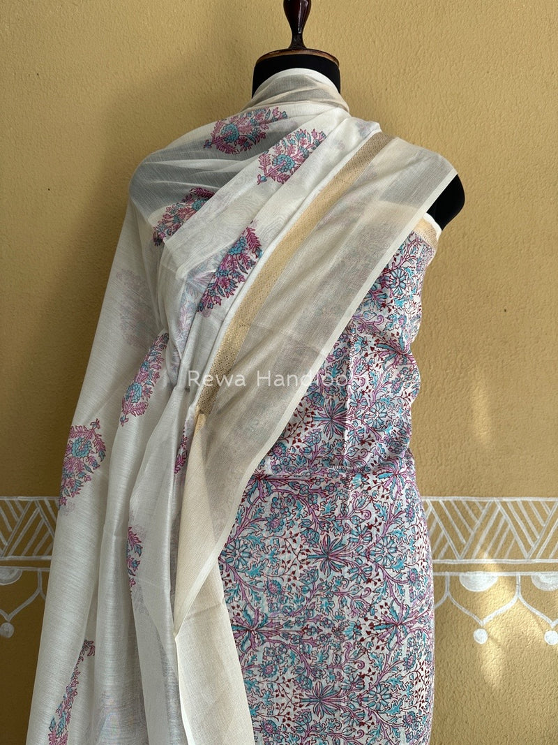 Maheshwari White Handblock Print Top-Dupatta HBS0110