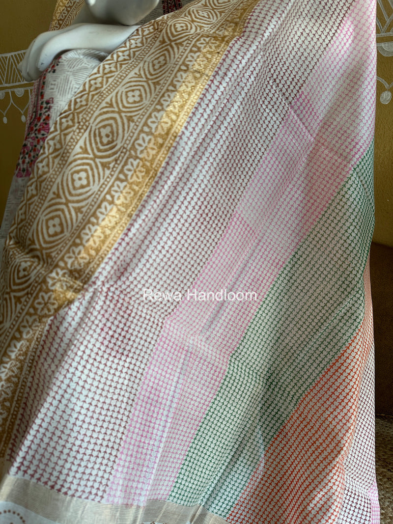 Maheshwari White Handblock Print Top-Dupatta HBS0161