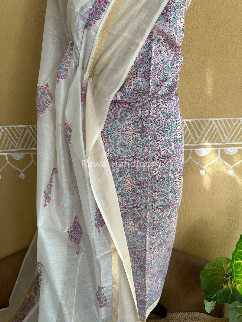 Maheshwari White Handblock Print Top-Dupatta HBS0110
