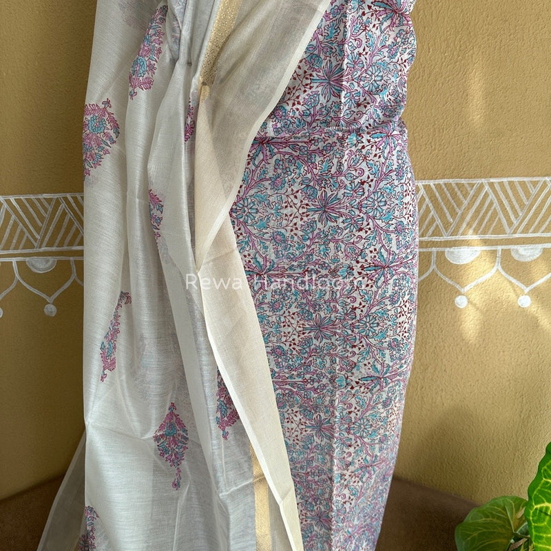 Maheshwari White Handblock Print Top-Dupatta HBS0110