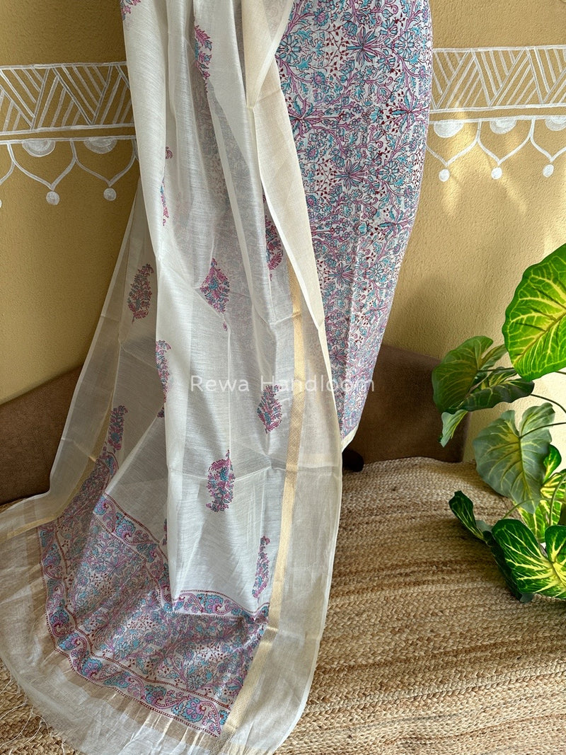 Maheshwari White Handblock Print Top-Dupatta HBS0110