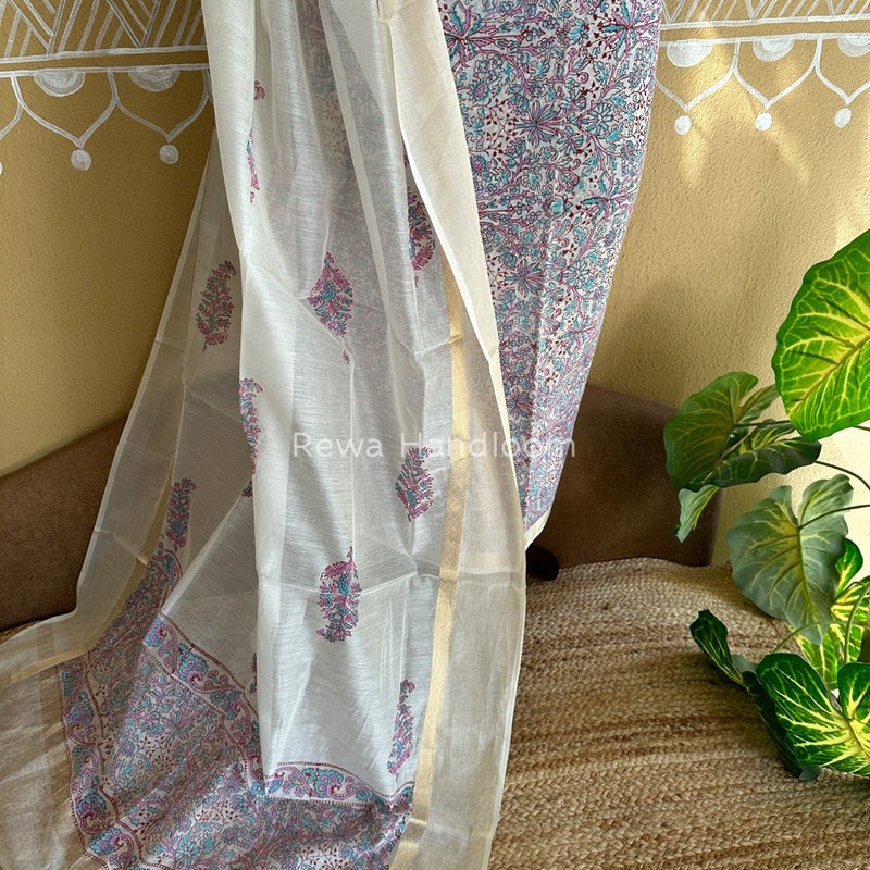 Maheshwari White Handblock Print Top-Dupatta HBS0110