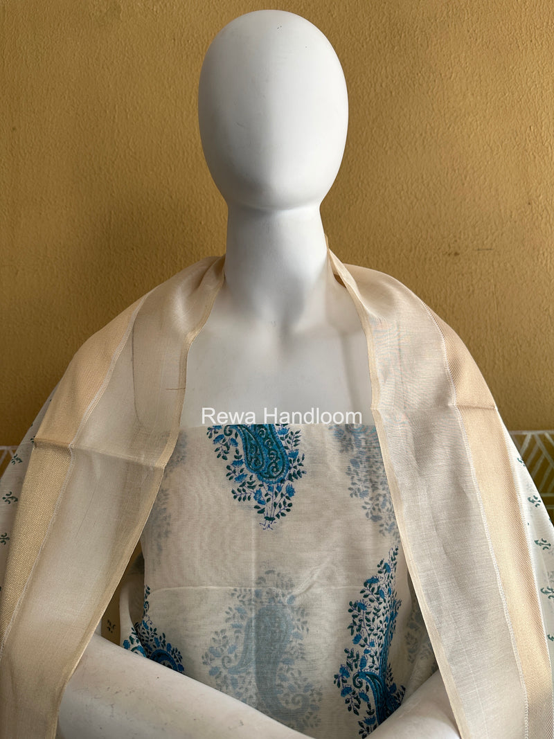 Maheshwari White Handblock Print Top-Dupatta HBS0164