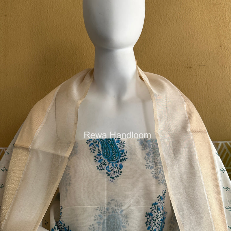 Maheshwari White Handblock Print Top-Dupatta HBS0164