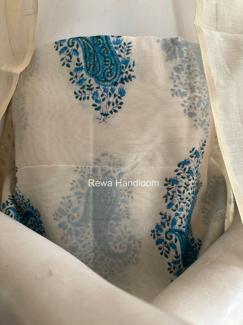 Maheshwari White Handblock Print Top-Dupatta HBS0164