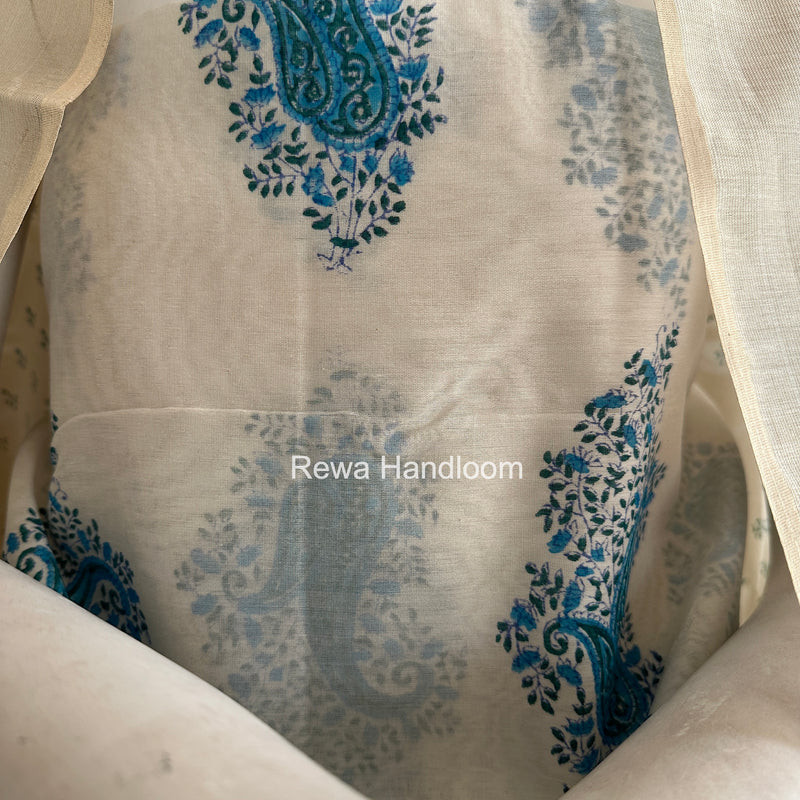 Maheshwari White Handblock Print Top-Dupatta HBS0164
