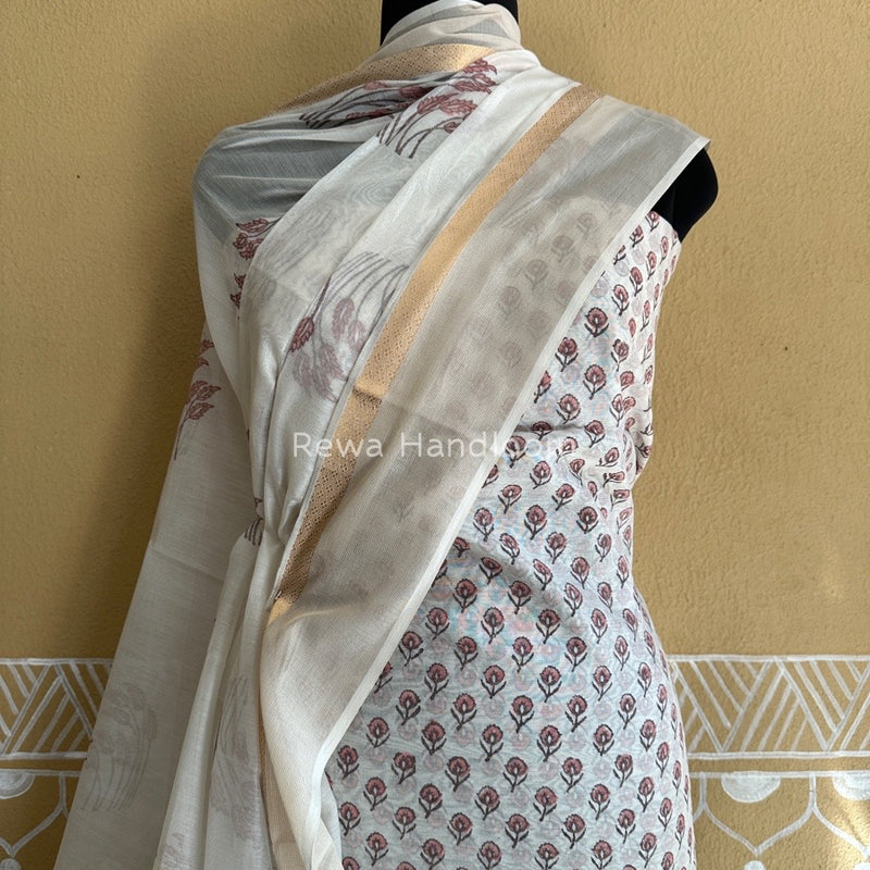 Maheshwari White Handblock Print Top-Dupatta HBS0111