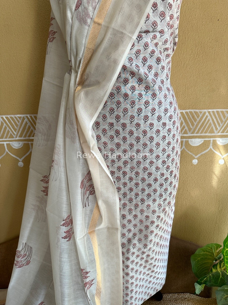 Maheshwari White Handblock Print Top-Dupatta HBS0111