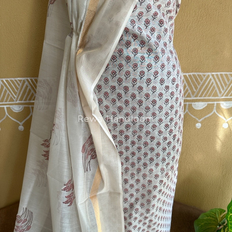 Maheshwari White Handblock Print Top-Dupatta HBS0111