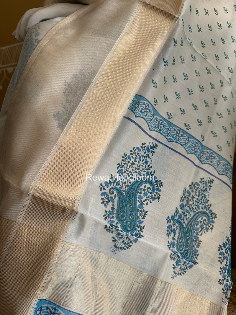 Maheshwari White Handblock Print Top-Dupatta HBS0164
