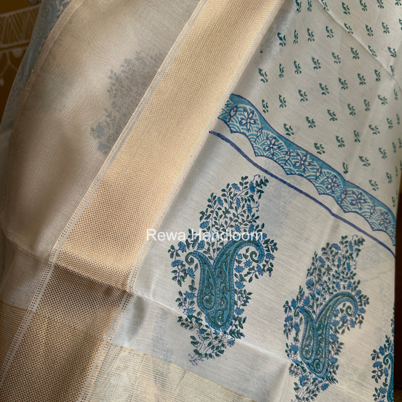 Maheshwari White Handblock Print Top-Dupatta HBS0164