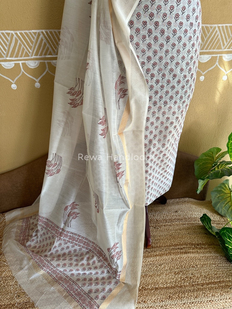 Maheshwari White Handblock Print Top-Dupatta HBS0111