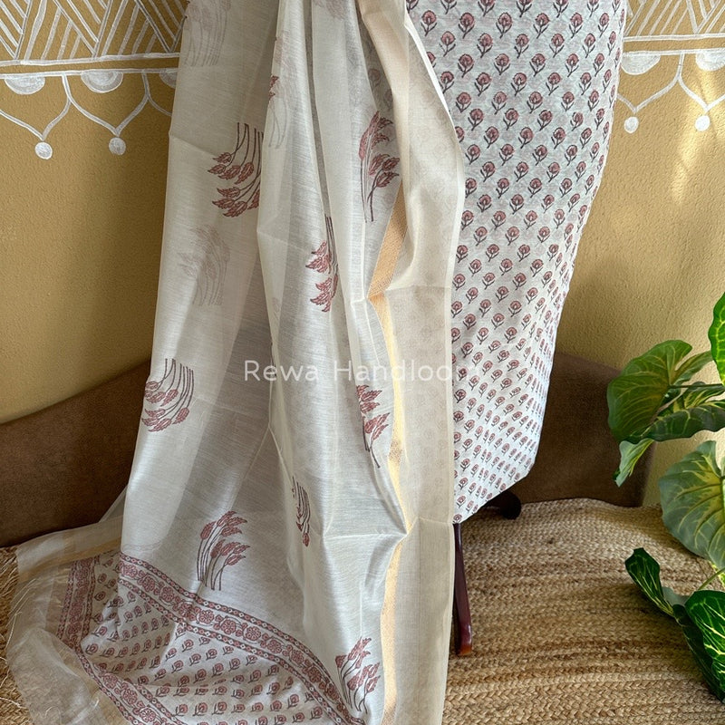 Maheshwari White Handblock Print Top-Dupatta HBS0111