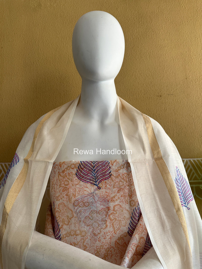 Maheshwari White Handblock Print Top-Dupatta HBS0165